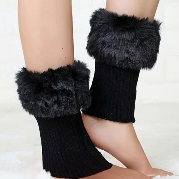 Black Faux Fur Boot Cuffs – Warm Plush Ankle Covers for Winter Boots - Picture 4 of 7